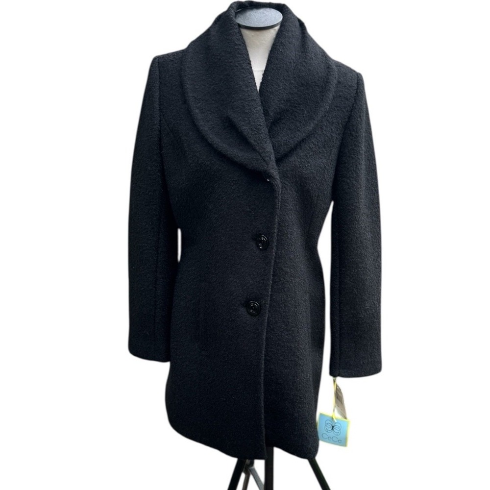 CeCe Women's Black Wool Blend Coat Shawl Collar NWT Button‎ Front Size M